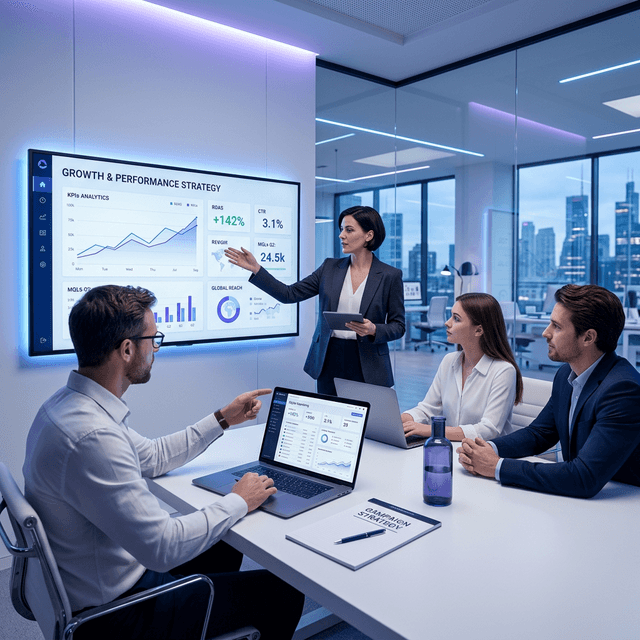 WINBOX team reviewing campaign analytics on monitor with Moroccan city skyline backdrop